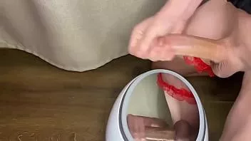 Play Huge and beautiful cumshot on the mirror while wearing lingerine and a buttplug